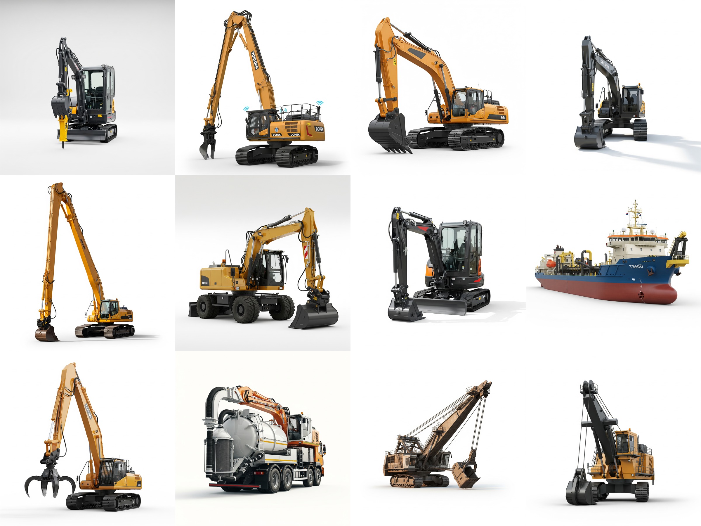 Collage of 12 kinds of Excavators - including hydraulic mini crawler excavator, hydraulic demolition/high-reach excavator, and hydraulic large crawler excavator (heavy duty)
