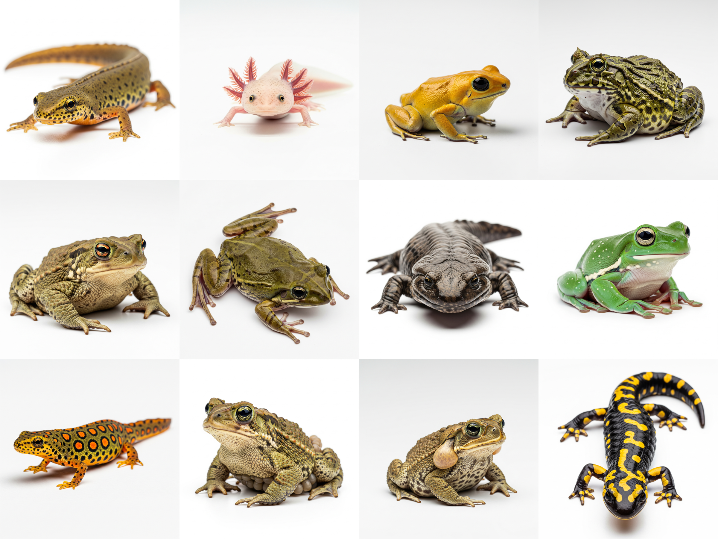 Collage of 12 kinds of Amphibians - including smooth newt, axolotl, and golden poison dart frog