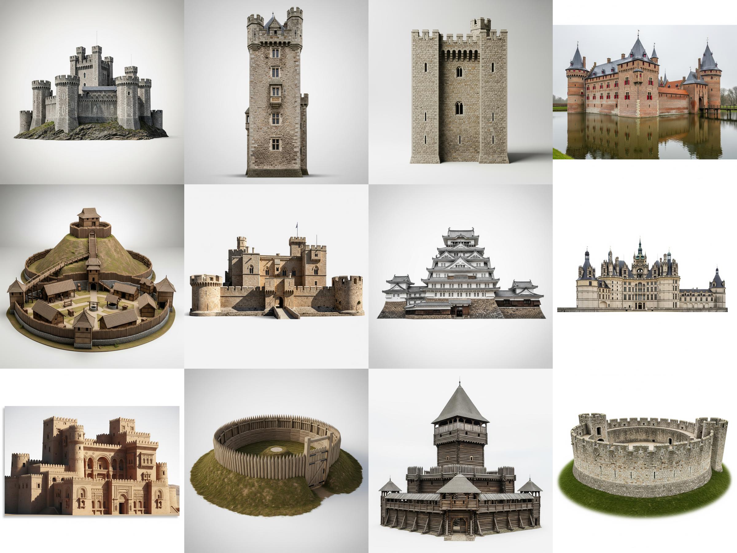 Collage of 12 kinds of Castles - including hill castle, tower house, and stone keep castle