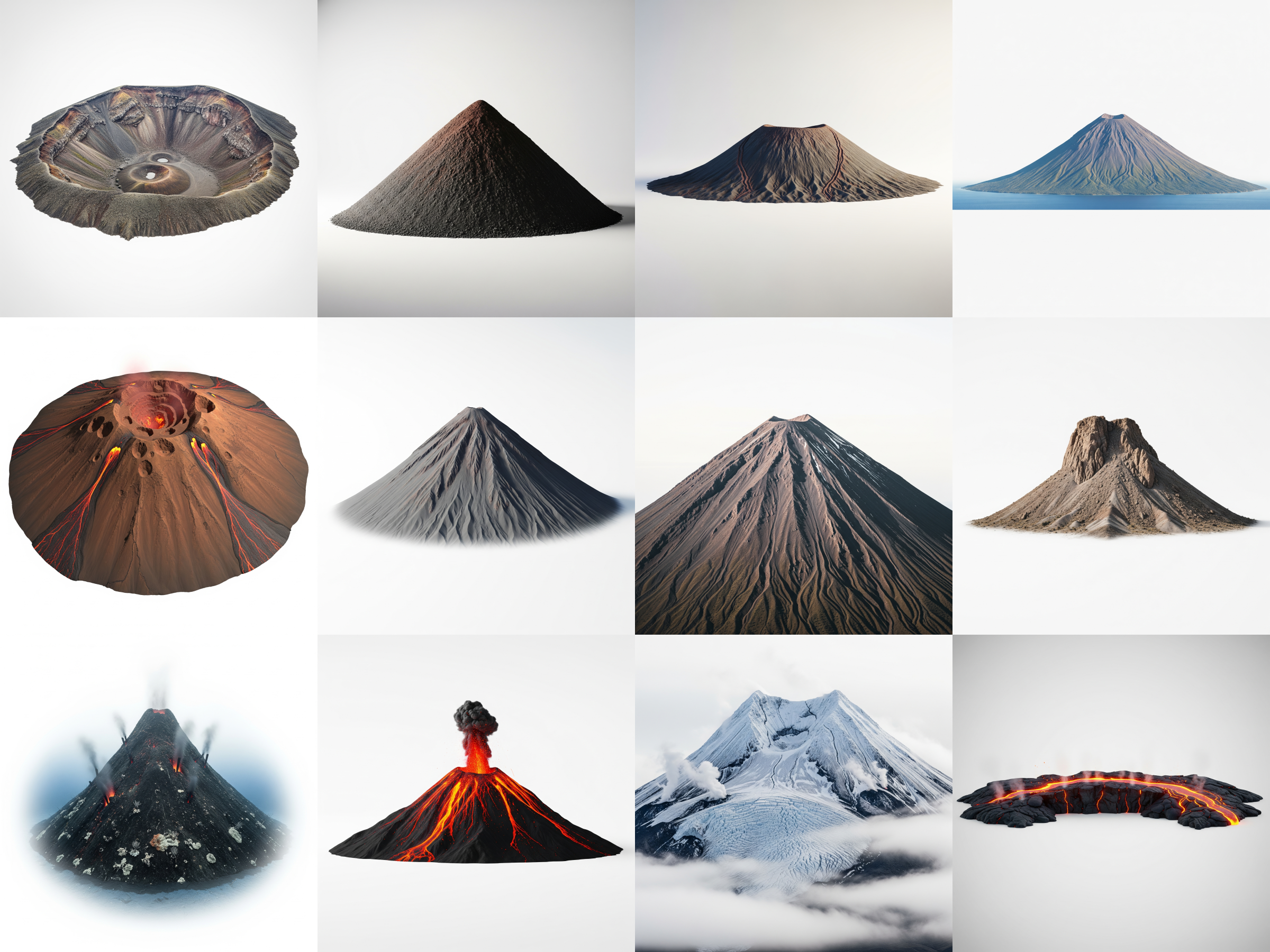 Collage of 12 kinds of Volcanoes - including caldera, cinder cone, and shield volcano