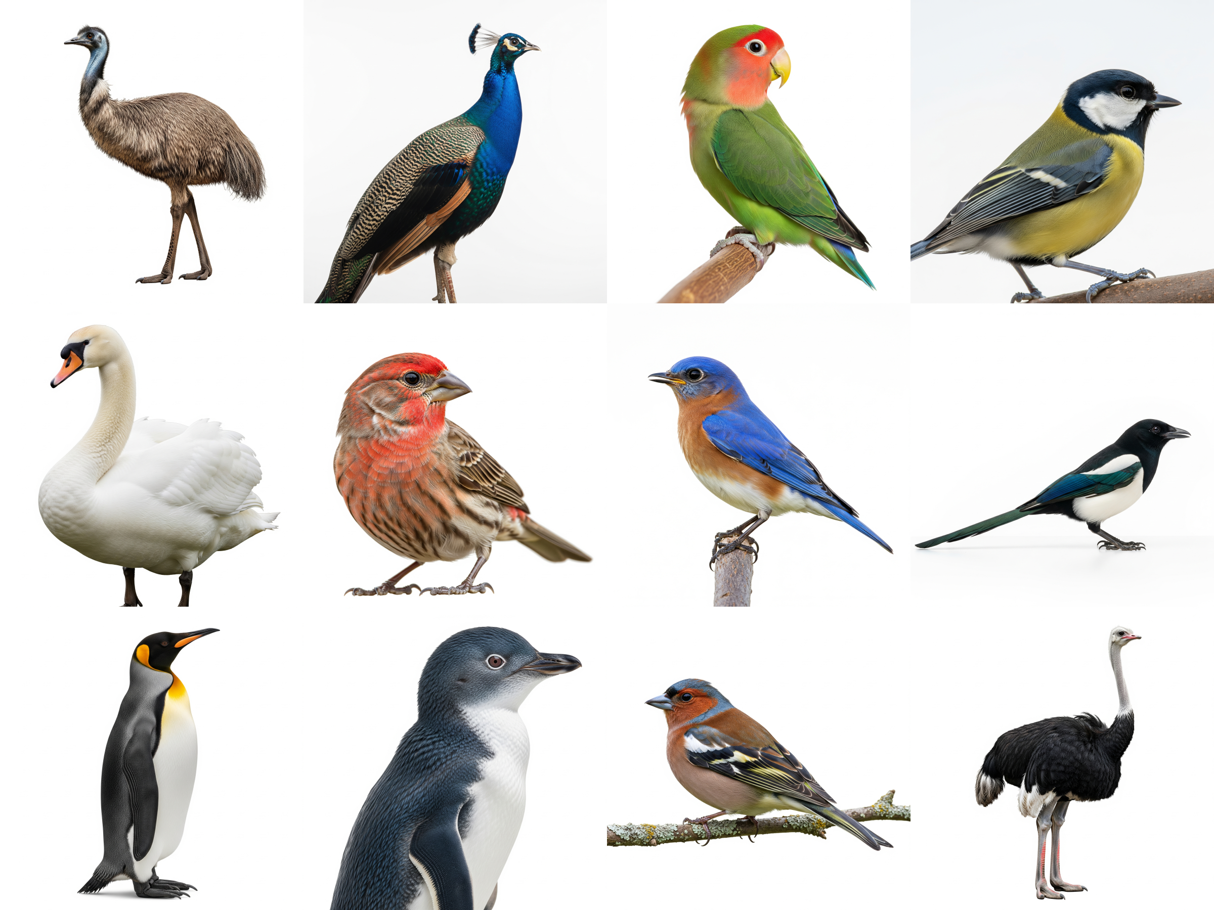 Collage of 12 kinds of Birds - including emu, peafowl, and lovebird