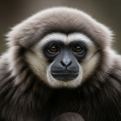 Editorial-style portrait of a Abbott's gray gibbon from the taxonomy apes.