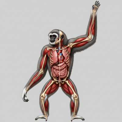 Detailed anatomical illustration of a Abbott's gray gibbon, part of the taxonomy apes