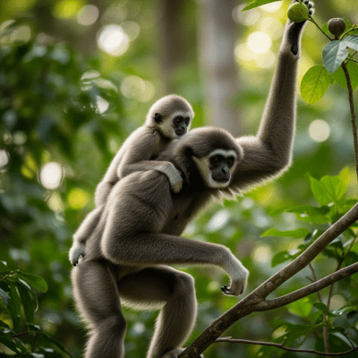 Photograph of a juvenile Abbott's gray gibbon (apes) alongside an adult in their environment