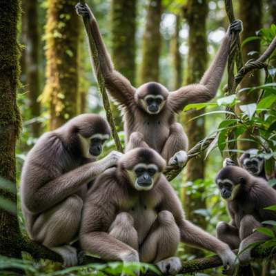 Image showing a group of Abbott's gray gibbon (apes) engaging in typical social behavior