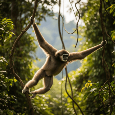 Photograph of a Abbott's gray gibbon (apes) in its natural habitat