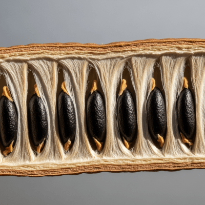 Close-up macro image of the Acacia (legumes) cut in half, displaying its internal structure and details such as seed arrangement, pod interior, or cross-section textures