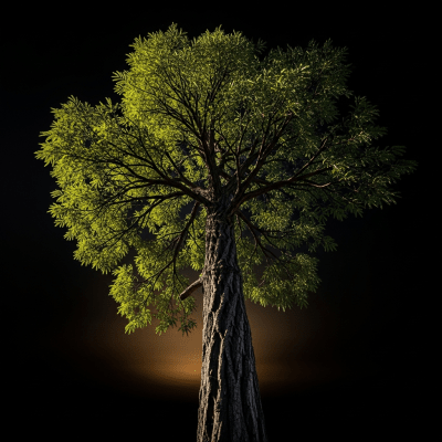 Striking editorial image of a single Acacia (trees), photographed from a low angle to emphasize its grandeur.