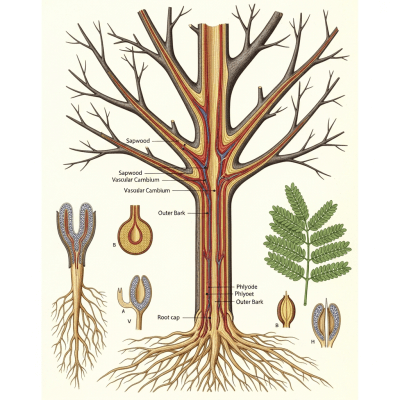 Detailed botanical illustration of the internal structure of a Acacia