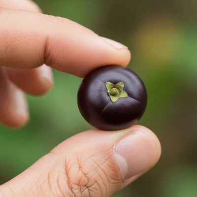 A factual photograph of a hand holding a ripe Acai Berry, illustrating its size and appearance for the taxonomy berries