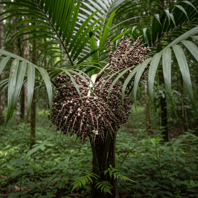 A naturalistic photograph of a Acai Berry growing on its plant in its typical environment, representing the taxonomy berries