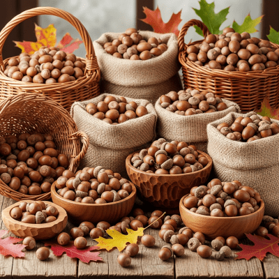 Photo showing harvested Acorn (nuts) nuts in bulk, such as in baskets or containers