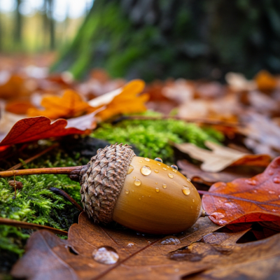 Photograph of a Acorn (nuts) in its natural environment, such as on the tree, bush, or ground where it grows