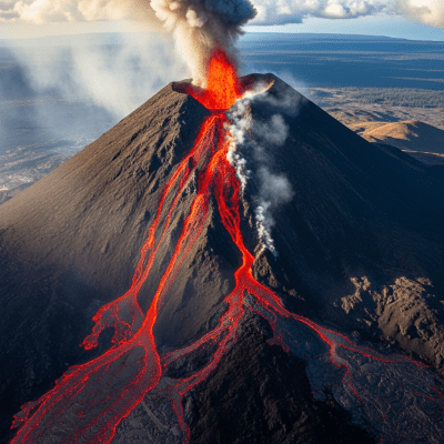 Aerial view photograph of the Active volcano, showcasing its shape and crater from above