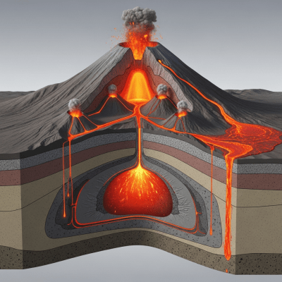 Scientific cross-sectional illustration of the Active volcano
