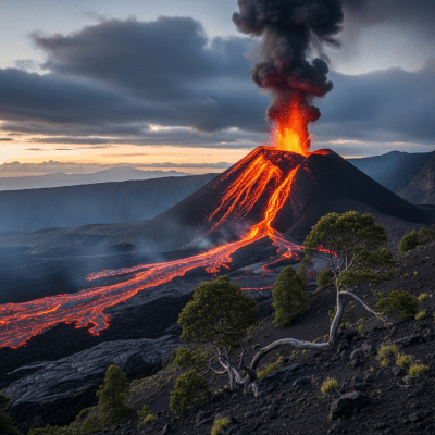 Natural landscape image showing the Active volcano in its real-world environment, emphasizing its geological features and surrounding terrain