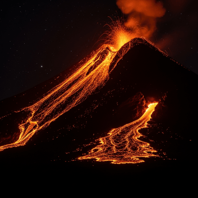 Nighttime image of the Active volcano, highlighting glowing lava and illuminated volcanic features