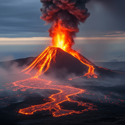 Image depicting the Active volcano during an eruption event, capturing lava flow, ash plume, and dynamic movement