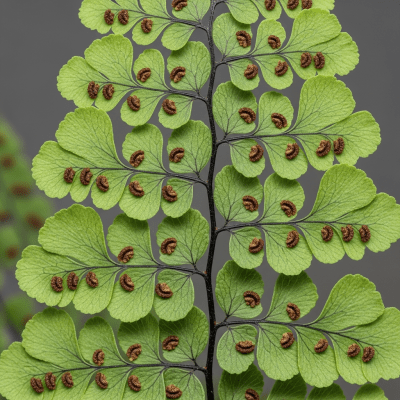 Detailed macro image of the fronds and leaflets of a Adiantum pedatum, focusing on texture, venation, and sori (spore cases) if visible