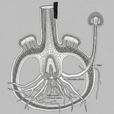 Cross-sectional illustration or photograph of a Adiantum pedatum, showing internal structure such as rhizome, roots, and vascular bundles
