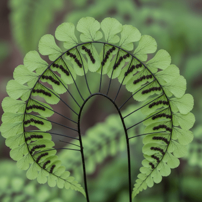 Photograph of a mature Adiantum pedatum, with visible sporangia or sori on the underside of its fronds, highlighting its reproductive structures