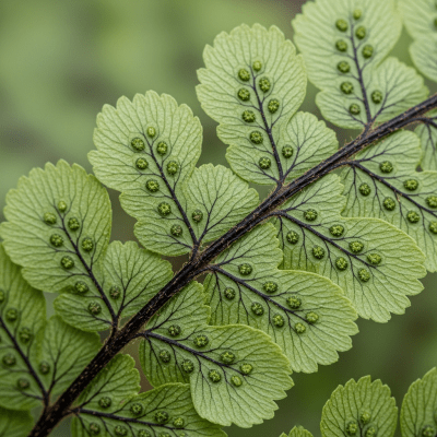 Detailed macro image of the fronds and leaflets of a Adiantum raddianum, focusing on texture, venation, and sori (spore cases) if visible