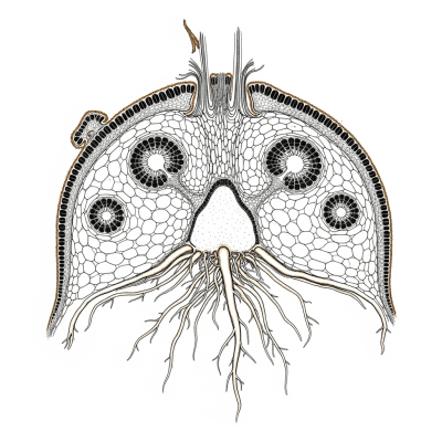 Cross-sectional illustration or photograph of a Adiantum raddianum, showing internal structure such as rhizome, roots, and vascular bundles