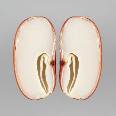 A cross-sectional view of a single Adzuki Bean (beans), sliced cleanly to reveal its internal structure and composition