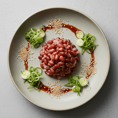 Image of cooked Adzuki Bean (beans) presented as part of a traditional dish or cuisine, plated attractively and photographed from above