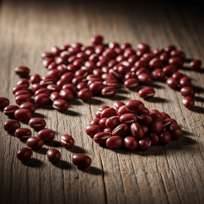 Editorial-style image of the Adzuki Bean from the taxonomy legumes, arranged artfully on a rustic wooden surface with dramatic lighting to highlight its unique shape and color.