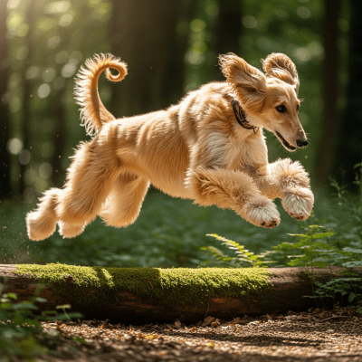 Full body action shot of a Afghan Hound
