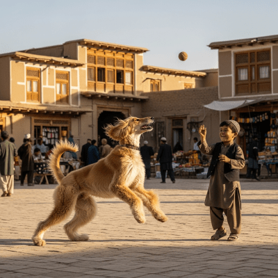 Image of a Afghan Hound interacting with humans in a typical cultural or domestic setting
