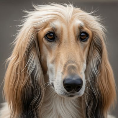 Close-up photograph of the face of a Afghan Hound