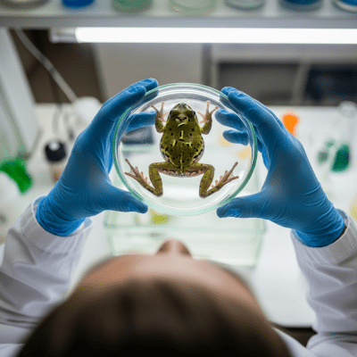 Photograph showing a African Clawed Frog in interaction with humans or within a cultural context, such as being observed by scientists or featured in educational settings