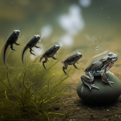 Image of a African Clawed Frog (amphibians) at the moment of transformation, such as metamorphosis from tadpole to adult