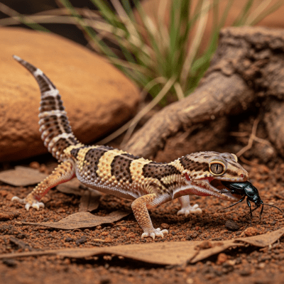 A dynamic action scene featuring a single African Fat-tailed Gecko (lizards) running, climbing, or catching prey in its typical environment