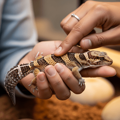 Image of a African Fat-tailed Gecko interacting with humans in a responsible pet-keeping context