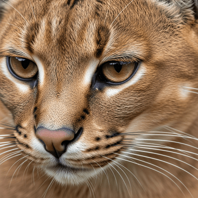 Close-up macro photograph focusing on the facial features and fur texture of a African Golden Cat
