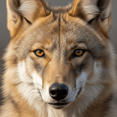 Close-up photograph of the face of a African Golden Wolf
