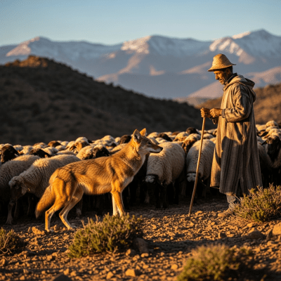 Image of a African Golden Wolf interacting with humans in a cultural or practical context