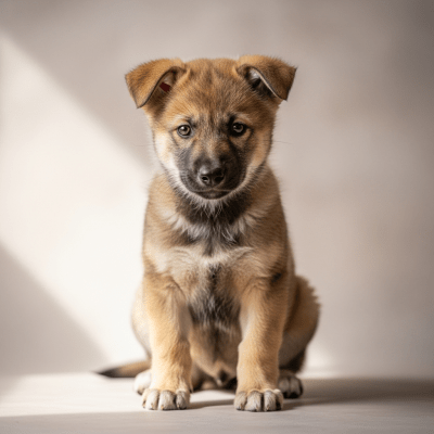 Photograph showing a juvenile (puppy) version of the African Golden Wolf