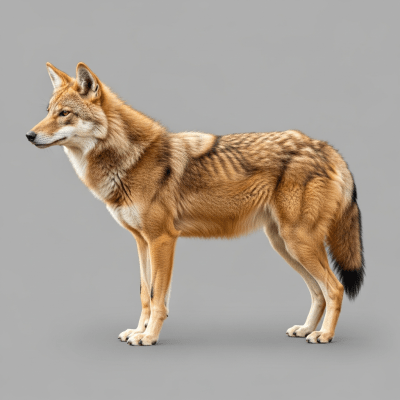 Side profile photograph of a standing African Golden Wolf, part of the taxonomy canines