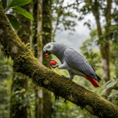 Photorealistic image of a African Grey Parrot (birds) in its typical natural environment