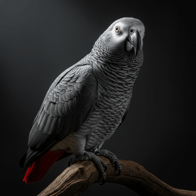 Editorial-style portrait of a African Grey Parrot, belonging to the taxonomy birds.