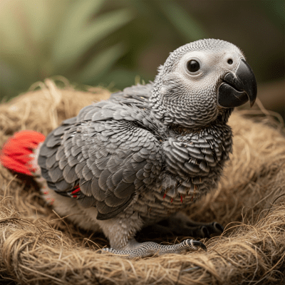 Image of a juvenile or chick stage of the African Grey Parrot, within the taxonomy birds