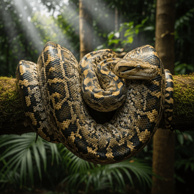 A dynamic action shot of a African Rock Python, part of the taxonomy reptiles, in motion such as climbing, swimming, basking, or hunting in its environment