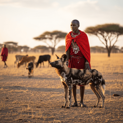 Image of a African Wild Dog interacting with humans in a cultural or practical context