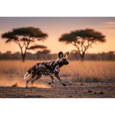 Photograph of a African Wild Dog, part of the taxonomy canines, in its typical natural environment