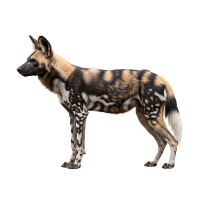 Side profile photograph of a standing African Wild Dog, part of the taxonomy canines