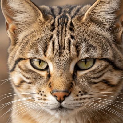 Close-up macro photograph focusing on the facial features and fur texture of a African Wildcat